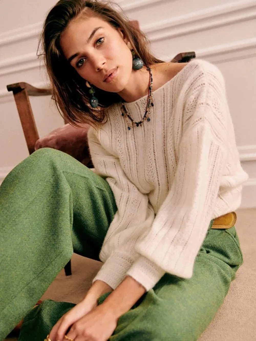 SEZANE Ecru Cream Mohair Wool Reversible V Neck Pointelle Knit Cristina Sweater - Picture 10 of 17